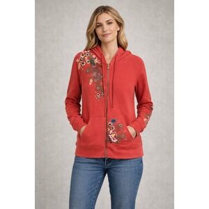 Johnny Was Hoodie Womens Small Red Vernazza Zip Up Embroidered Peacock Floral